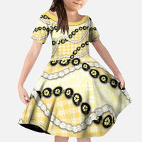 Yellow Palaka Hawaii Family Matching Off The Shoulder Long Sleeve Dress and Hawaiian Shirt Kukui Nut Pikake Lei Hawaiian Tapa Pattern LT14 Daughter's Dress Yellow - Polynesian Pride