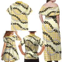 Yellow Palaka Hawaii Family Matching Off Shoulder Maxi Dress and Hawaiian Shirt Kukui Nut Pikake Lei Hawaiian Tapa Pattern - Polynesian Pride