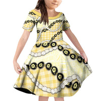 Yellow Palaka Hawaii Family Matching Off Shoulder Short Dress and Hawaiian Shirt Kukui Nut Pikake Lei Hawaiian Tapa Pattern LT14 Daughter's Dress Yellow - Polynesian Pride
