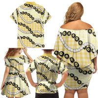 Yellow Palaka Hawaii Family Matching Off Shoulder Short Dress and Hawaiian Shirt Kukui Nut Pikake Lei Hawaiian Tapa Pattern LT14 - Polynesian Pride