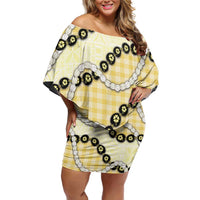 Yellow Palaka Hawaii Family Matching Off Shoulder Short Dress and Hawaiian Shirt Kukui Nut Pikake Lei Hawaiian Tapa Pattern LT14 Mom's Dress Yellow - Polynesian Pride