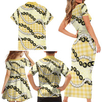 Yellow Palaka Hawaii Family Matching Short Sleeve Bodycon Dress and Hawaiian Shirt Kukui Nut Pikake Lei Hawaiian Tapa Pattern - Polynesian Pride