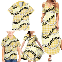 Yellow Palaka Hawaii Family Matching Summer Maxi Dress and Hawaiian Shirt Kukui Nut Pikake Lei Hawaiian Tapa Pattern LT14 - Polynesian Pride
