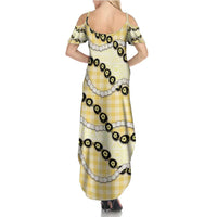 Yellow Palaka Hawaii Family Matching Summer Maxi Dress and Hawaiian Shirt Kukui Nut Pikake Lei Hawaiian Tapa Pattern - Polynesian Pride