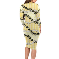 Yellow Palaka Hawaii Long Sleeve Bodycon Dress Kukui Nut Pikake Lei Hawaiian Tapa Pattern - Polynesian Pride