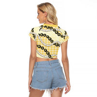 Yellow Palaka Hawaii Raglan Cropped T Shirt Kukui Nut Pikake Lei Hawaiian Tapa Pattern - Polynesian Pride