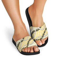 Yellow Palaka Hawaii Slide Sandals Kukui Nut Pikake Lei Hawaiian Tapa Pattern - Polynesian Pride