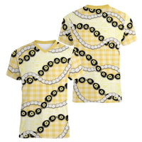 Yellow Palaka Hawaii Women V-Neck T-Shirt Kukui Nut Pikake Lei Hawaiian Tapa Pattern - Polynesian Pride