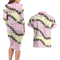 Pink Palaka Hawaii Couples Matching Long Sleeve Bodycon Dress and Hawaiian Shirt Kukui Nut Pikake Lei Hawaiian Tapa Pattern - Polynesian Pride