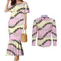 Pink Palaka Hawaii Couples Matching Mermaid Dress and Long Sleeve Button Shirt Kukui Nut Pikake Lei Hawaiian Tapa Pattern - Polynesian Pride