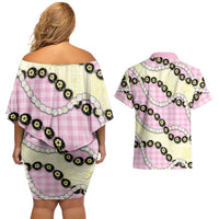 Pink Palaka Hawaii Couples Matching Off Shoulder Short Dress and Hawaiian Shirt Kukui Nut Pikake Lei Hawaiian Tapa Pattern - Polynesian Pride