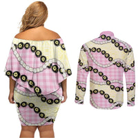 Pink Palaka Hawaii Couples Matching Off Shoulder Short Dress and Long Sleeve Button Shirt Kukui Nut Pikake Lei Hawaiian Tapa Pattern - Polynesian Pride