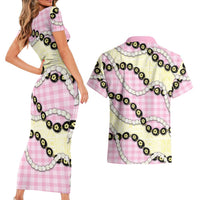 Pink Palaka Hawaii Couples Matching Short Sleeve Bodycon Dress and Hawaiian Shirt Kukui Nut Pikake Lei Hawaiian Tapa Pattern - Polynesian Pride