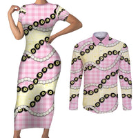 Pink Palaka Hawaii Couples Matching Short Sleeve Bodycon Dress and Long Sleeve Button Shirt Kukui Nut Pikake Lei Hawaiian Tapa Pattern - Polynesian Pride