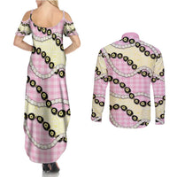 Pink Palaka Hawaii Couples Matching Summer Maxi Dress and Long Sleeve Button Shirt Kukui Nut Pikake Lei Hawaiian Tapa Pattern - Polynesian Pride