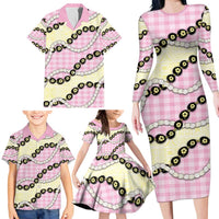 Pink Palaka Hawaii Family Matching Long Sleeve Bodycon Dress and Hawaiian Shirt Kukui Nut Pikake Lei Hawaiian Tapa Pattern - Polynesian Pride