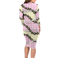 Pink Palaka Hawaii Family Matching Long Sleeve Bodycon Dress and Hawaiian Shirt Kukui Nut Pikake Lei Hawaiian Tapa Pattern LT14 - Polynesian Pride