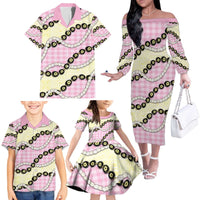 Pink Palaka Hawaii Family Matching Off The Shoulder Long Sleeve Dress and Hawaiian Shirt Kukui Nut Pikake Lei Hawaiian Tapa Pattern LT14 - Polynesian Pride