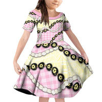 Pink Palaka Hawaii Family Matching Off Shoulder Short Dress and Hawaiian Shirt Kukui Nut Pikake Lei Hawaiian Tapa Pattern LT14 Daughter's Dress Pink - Polynesian Pride