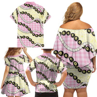 Pink Palaka Hawaii Family Matching Off Shoulder Short Dress and Hawaiian Shirt Kukui Nut Pikake Lei Hawaiian Tapa Pattern LT14 - Polynesian Pride