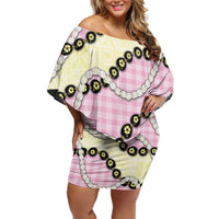 Pink Palaka Hawaii Family Matching Off Shoulder Short Dress and Hawaiian Shirt Kukui Nut Pikake Lei Hawaiian Tapa Pattern LT14 Mom's Dress Pink - Polynesian Pride