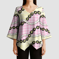 Pink Palaka Hawaii Kimono Sleeve Blouse Kukui Nut Pikake Lei Hawaiian Tapa Pattern - Polynesian Pride