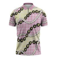 Pink Palaka Hawaii Zipper Polo Shirt Kukui Nut Pikake Lei Hawaiian Tapa Pattern - Polynesian Pride