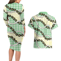 Green Palaka Hawaii Couples Matching Long Sleeve Bodycon Dress and Hawaiian Shirt Kukui Nut Pikake Lei Hawaiian Tapa Pattern - Polynesian Pride