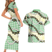 Green Palaka Hawaii Couples Matching Short Sleeve Bodycon Dress and Hawaiian Shirt Kukui Nut Pikake Lei Hawaiian Tapa Pattern - Polynesian Pride