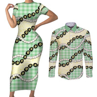 Green Palaka Hawaii Couples Matching Short Sleeve Bodycon Dress and Long Sleeve Button Shirt Kukui Nut Pikake Lei Hawaiian Tapa Pattern - Polynesian Pride