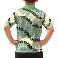 Green Palaka Hawaii Family Matching Off The Shoulder Long Sleeve Dress and Hawaiian Shirt Kukui Nut Pikake Lei Hawaiian Tapa Pattern LT14 - Polynesian Pride