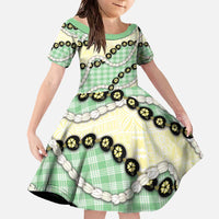 Green Palaka Hawaii Family Matching Off The Shoulder Long Sleeve Dress and Hawaiian Shirt Kukui Nut Pikake Lei Hawaiian Tapa Pattern LT14 Daughter's Dress Green - Polynesian Pride