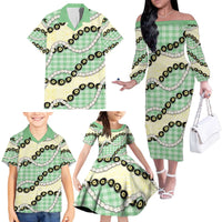 Green Palaka Hawaii Family Matching Off The Shoulder Long Sleeve Dress and Hawaiian Shirt Kukui Nut Pikake Lei Hawaiian Tapa Pattern LT14 - Polynesian Pride