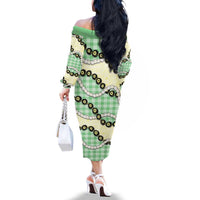 Green Palaka Hawaii Family Matching Off The Shoulder Long Sleeve Dress and Hawaiian Shirt Kukui Nut Pikake Lei Hawaiian Tapa Pattern - Polynesian Pride