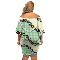 Green Palaka Hawaii Family Matching Off Shoulder Short Dress and Hawaiian Shirt Kukui Nut Pikake Lei Hawaiian Tapa Pattern LT14 - Polynesian Pride