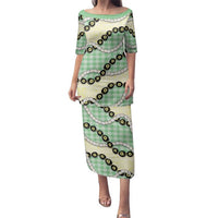 Green Palaka Hawaii Family Matching Puletasi and Hawaiian Shirt Kukui Nut Pikake Lei Hawaiian Tapa Pattern LT14 Mom's Dress Green - Polynesian Pride