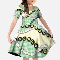 Green Palaka Hawaii Family Matching Short Sleeve Bodycon Dress and Hawaiian Shirt Kukui Nut Pikake Lei Hawaiian Tapa Pattern LT14 Daughter's Dress Green - Polynesian Pride