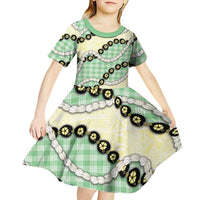 Green Palaka Hawaii Kid Short Sleeve Dress Kukui Nut Pikake Lei Hawaiian Tapa Pattern - Polynesian Pride
