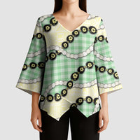 Green Palaka Hawaii Kimono Sleeve Blouse Kukui Nut Pikake Lei Hawaiian Tapa Pattern - Polynesian Pride
