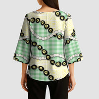 Green Palaka Hawaii Kimono Sleeve Blouse Kukui Nut Pikake Lei Hawaiian Tapa Pattern - Polynesian Pride