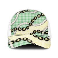 Green Palaka Hawaii Mesh Trucker Cap Kukui Nut Pikake Lei Hawaiian Tapa Pattern - Polynesian Pride