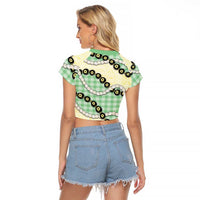 Green Palaka Hawaii Raglan Cropped T Shirt Kukui Nut Pikake Lei Hawaiian Tapa Pattern - Polynesian Pride
