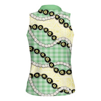 Green Palaka Hawaii Women Sleeveless Polo Shirt Kukui Nut Pikake Lei Hawaiian Tapa Pattern - Polynesian Pride