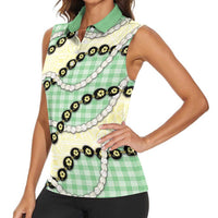 Green Palaka Hawaii Women Sleeveless Polo Shirt Kukui Nut Pikake Lei Hawaiian Tapa Pattern - Polynesian Pride