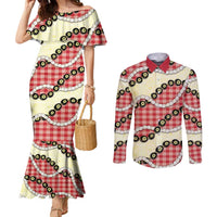 Red Palaka Hawaii Couples Matching Mermaid Dress and Long Sleeve Button Shirt Kukui Nut Pikake Lei Hawaiian Tapa Pattern - Polynesian Pride