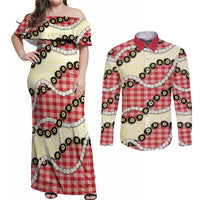 Red Palaka Hawaii Couples Matching Off Shoulder Maxi Dress and Long Sleeve Button Shirt Kukui Nut Pikake Lei Hawaiian Tapa Pattern - Polynesian Pride