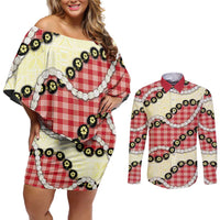 Red Palaka Hawaii Couples Matching Off Shoulder Short Dress and Long Sleeve Button Shirt Kukui Nut Pikake Lei Hawaiian Tapa Pattern - Polynesian Pride