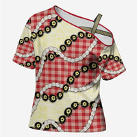 Red Palaka Hawaii Cross Shoulder Shirt Kukui Nut Pikake Lei Hawaiian Tapa Pattern - Polynesian Pride