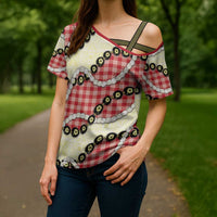 Red Palaka Hawaii Cross Shoulder Shirt Kukui Nut Pikake Lei Hawaiian Tapa Pattern - Polynesian Pride