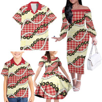 Red Palaka Hawaii Family Matching Off The Shoulder Long Sleeve Dress and Hawaiian Shirt Kukui Nut Pikake Lei Hawaiian Tapa Pattern LT14 - Polynesian Pride